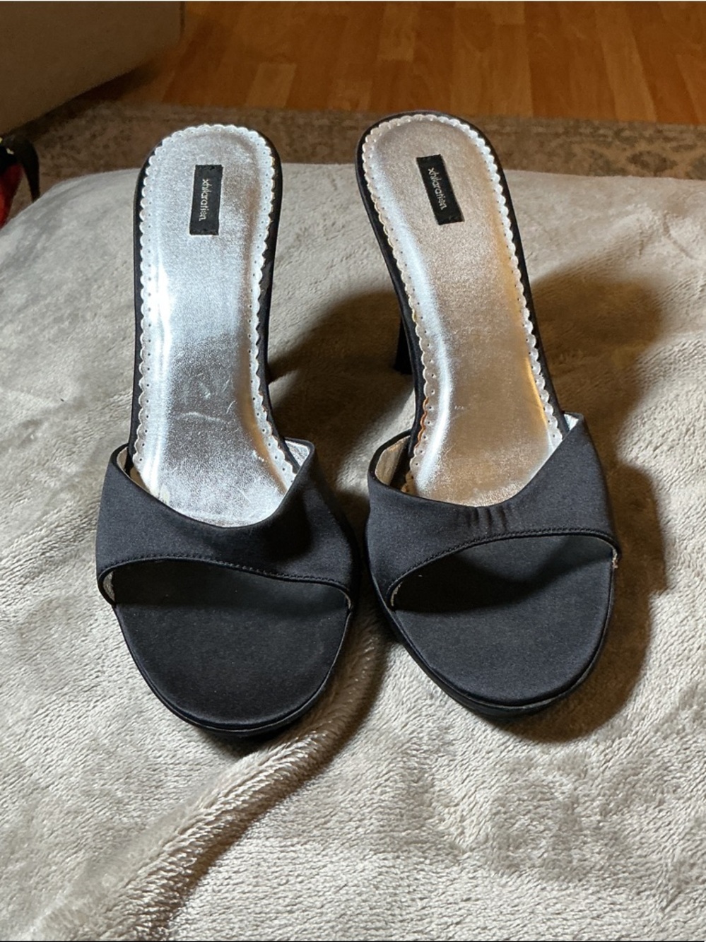 Xhilaration Black Satin Open-Toe Mule Heels